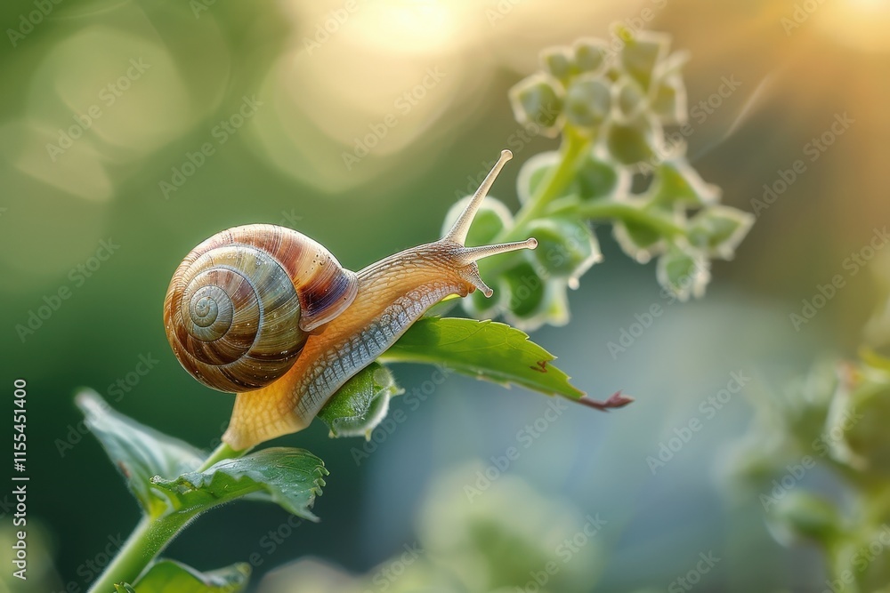 Poster snail slowly traversing a green leaf under warm sunlight in a tranquil garden setting during late af