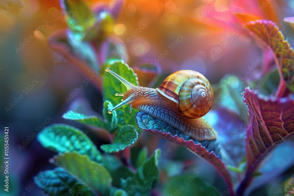 Poster snail slowly traversing a green leaf under warm sunlight in a tranquil garden setting during late af