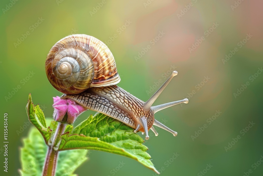 Poster snail slowly traversing a green leaf under warm sunlight in a tranquil garden setting during late af