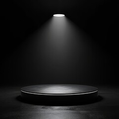 A futuristic, circular podium with a matte finish, lit by a single overhead spotlight in a dark minimalist setting, dramatic contrasts defining the edges.