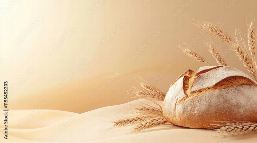 Aufkleber unique bread loaf surrounded by wheat grains on a minimalist backdrop with copy space for text. gene