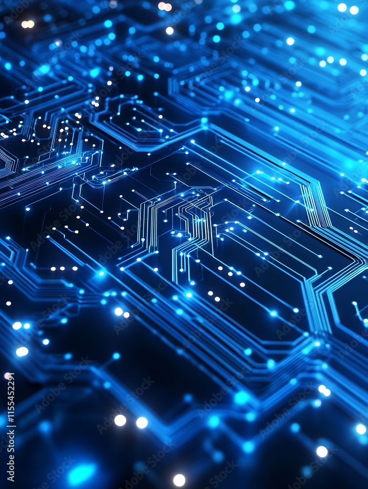 Fototapete digital circuit pattern with blue neon lights and high tech design : generative ai