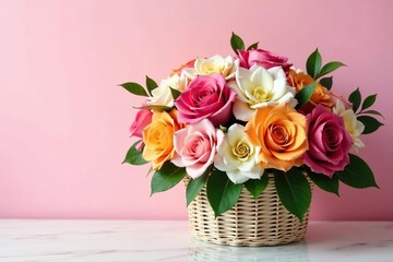 Fototapeta premium Beautifully arranged flowers in a decorative basket, colorful blooms, decorative