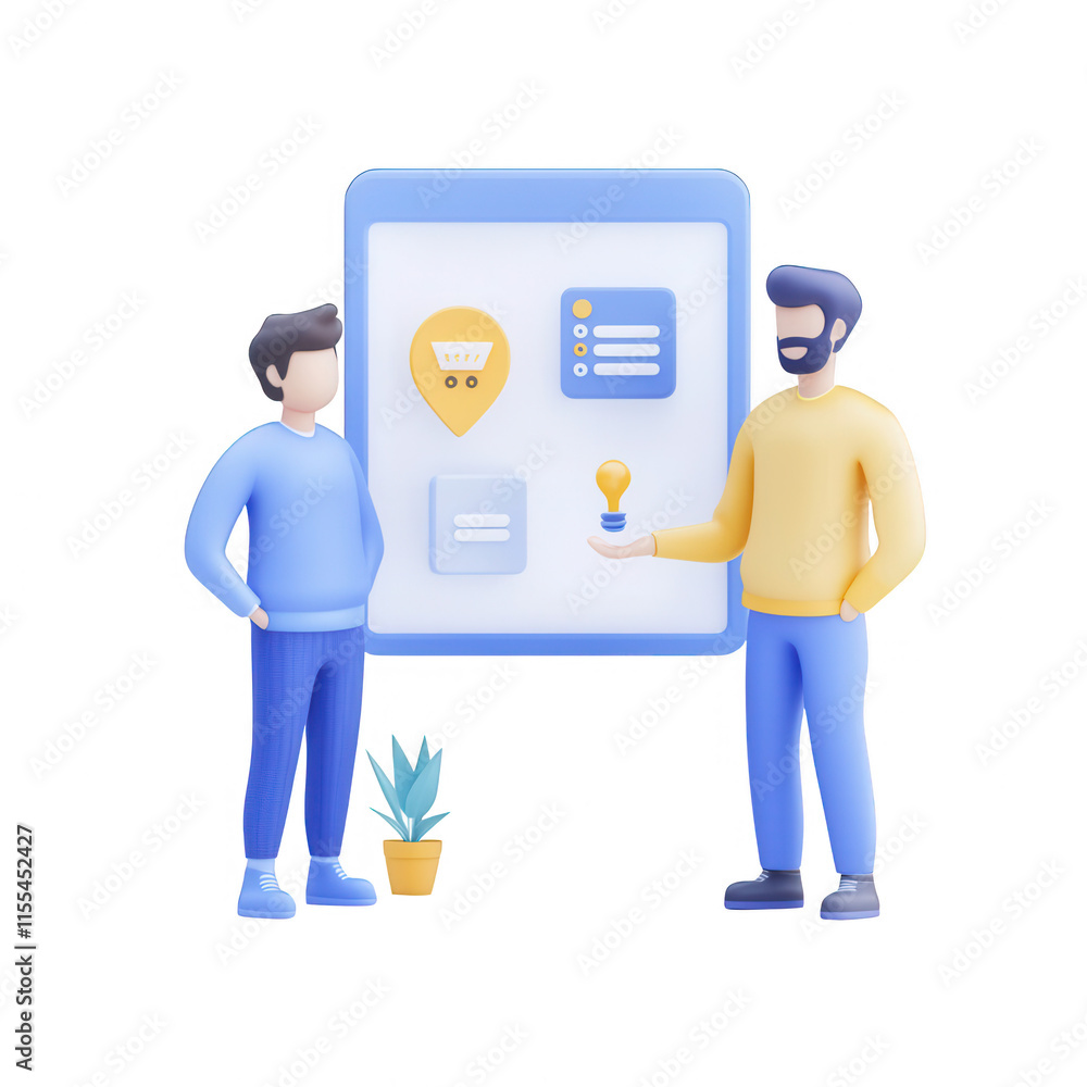 Poster two men discussing a project with a digital display and a plant in the background., isolated on a tr