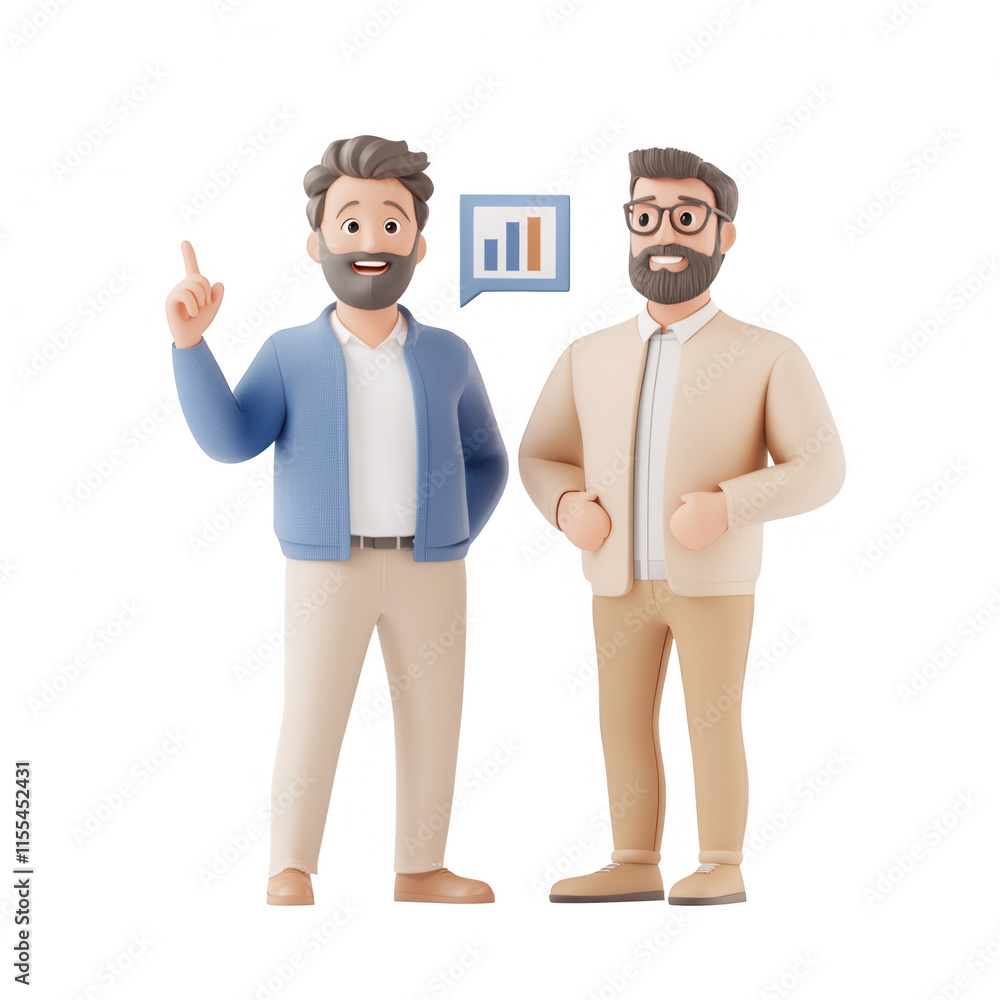 Poster two men discussing data analysis with a chart illustration behind them., isolated on a transparent b
