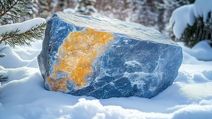 Photo of a large gray and yellow stone in the snow, showcasing its natural beauty and texture.