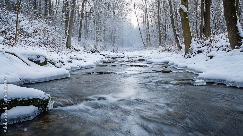 Poster wide snowcovered river in leafless winter forest with tranquility : generative ai