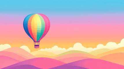 Obraz premium Rainbow hot air balloon floats over pastel hills and clouds at sunset.