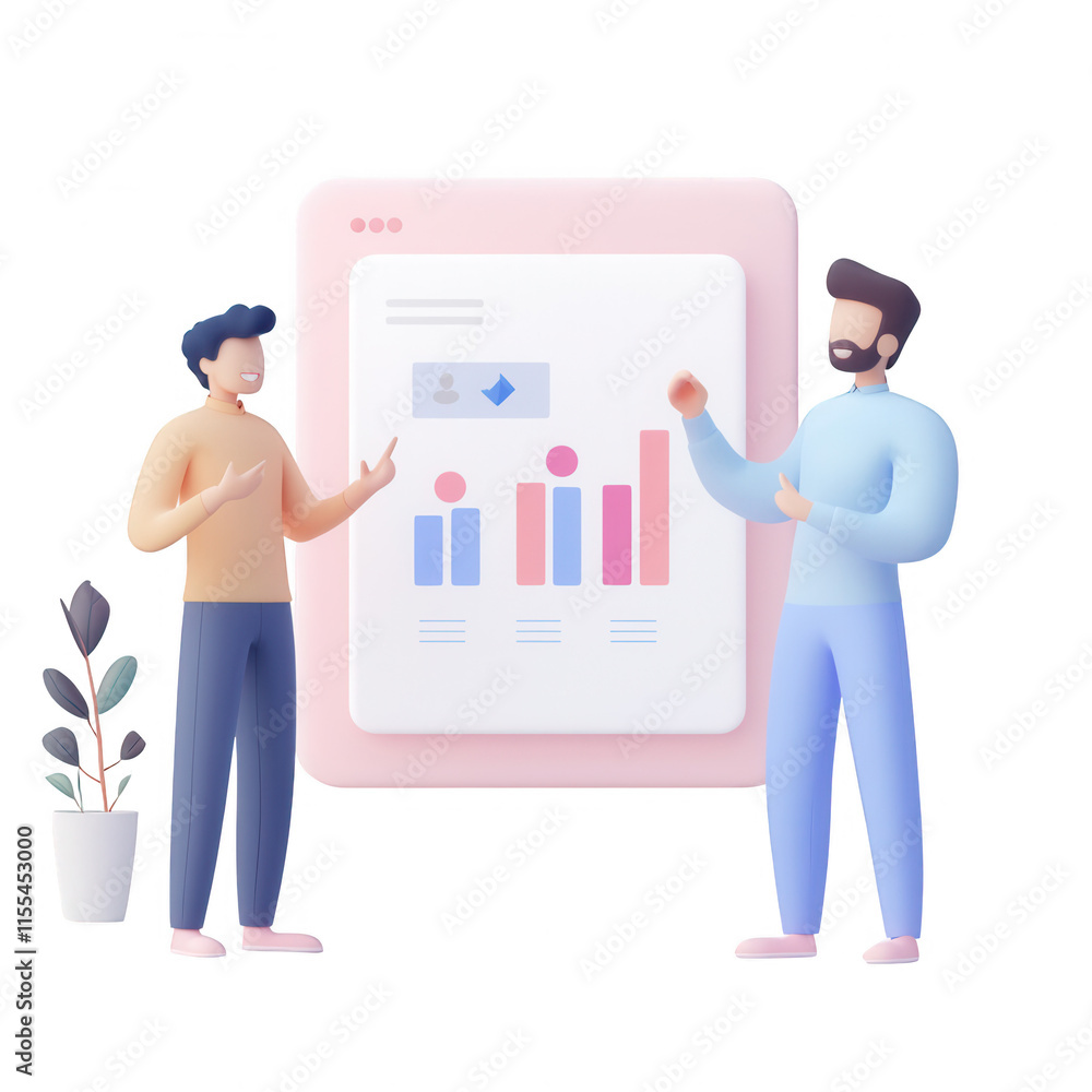 Poster two professionals discussing data analysis and performance metrics in a modern office., isolated on 