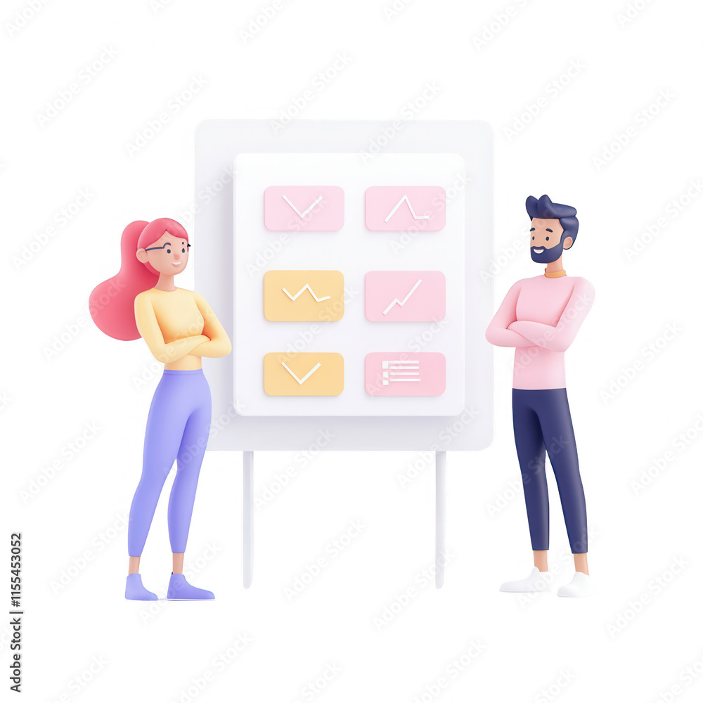 Poster two professionals discussing data insights in a modern office setting., isolated on a transparent ba