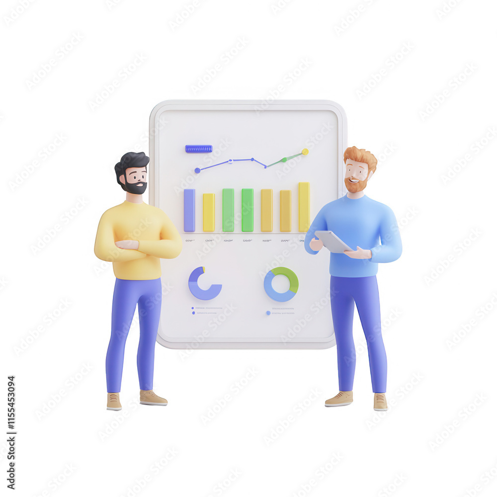 Poster two professionals discussing data trends and graphics on a digital screen., isolated on a transparen