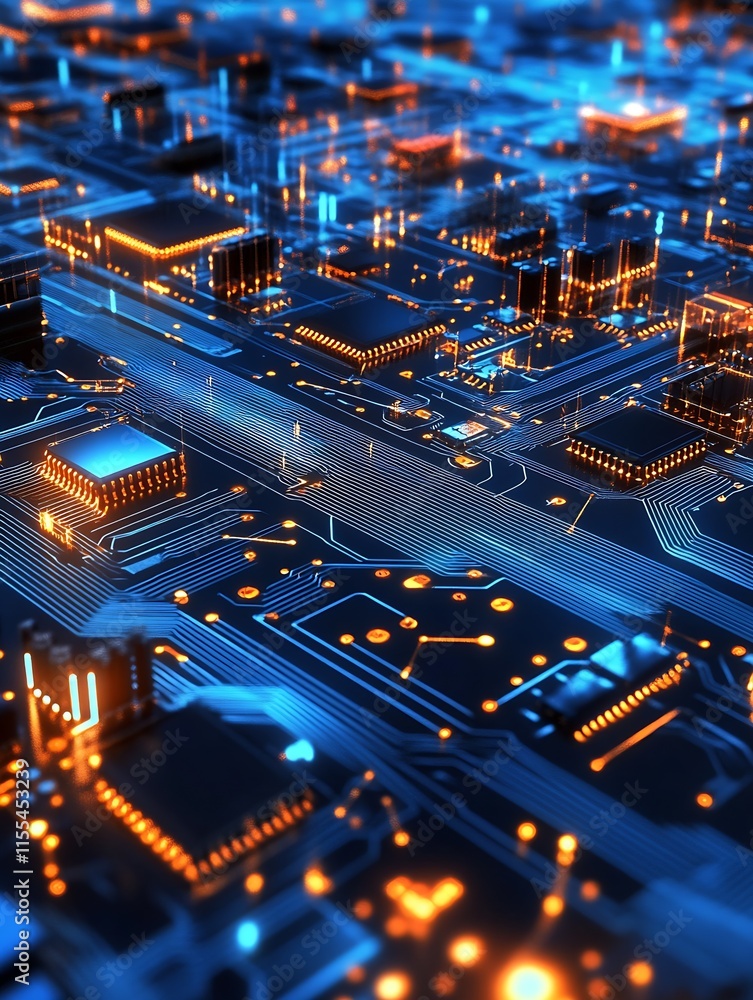 Poster futuristic circuitry background with glowing orange and blue lights : generative ai
