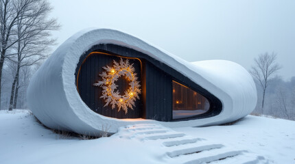 House Decorated for Christmas with a Front Door Adorned with a Wreath, Covered with Snow