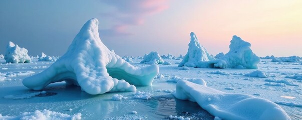 Bizarrely shaped ice formations on the Baltic Sea in winter, frozen lake, unique ice forms