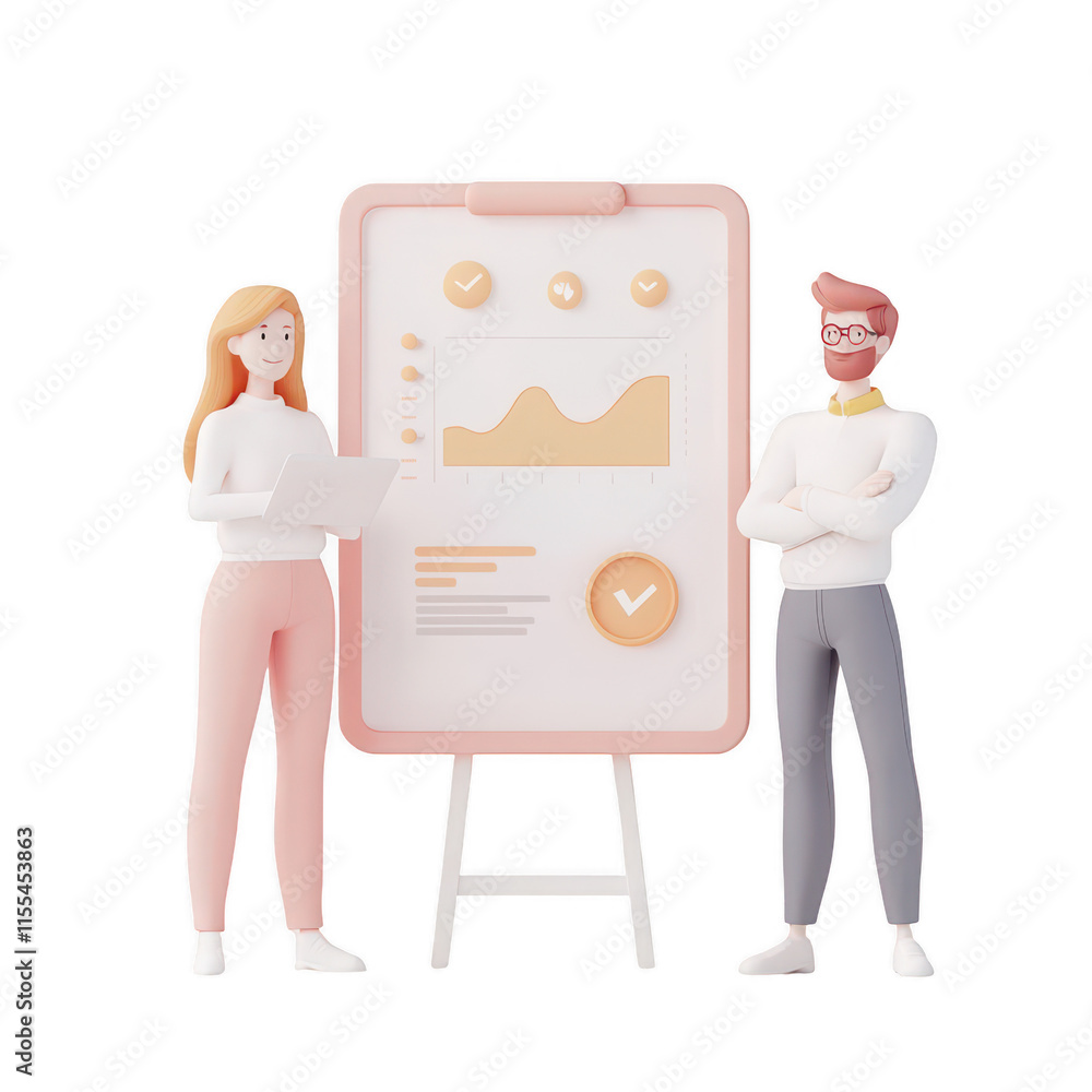 Poster two professionals presenting a report with graphics and charts on a whiteboard., isolated on a trans