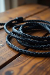 Obraz premium Black braided electrical cord coiled on wooden table, electrical, decorative, wooden