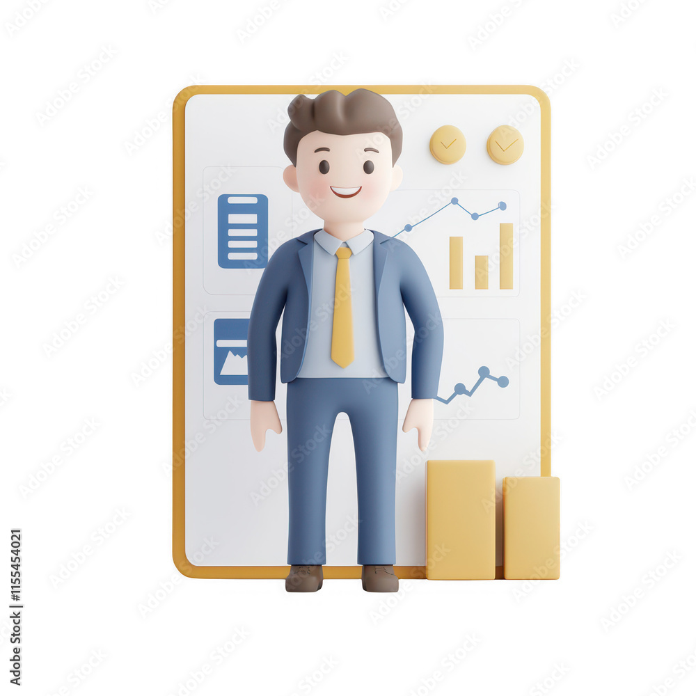 Poster 3d businessman standing confidently in front of performance graphs and metrics., isolated on a trans