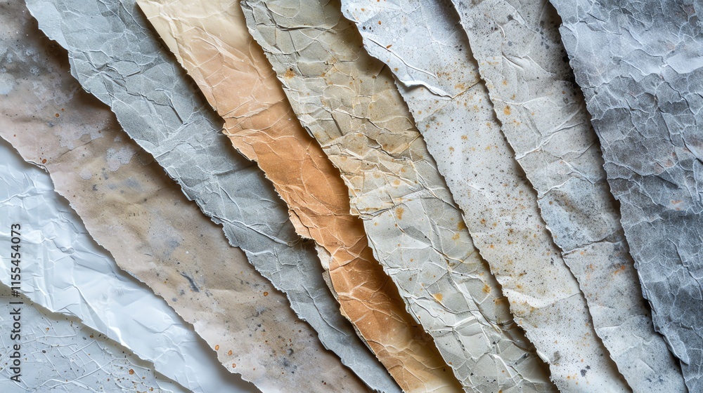Poster a close-up of a stack of crumpled paper with varying shades of brown and grey.