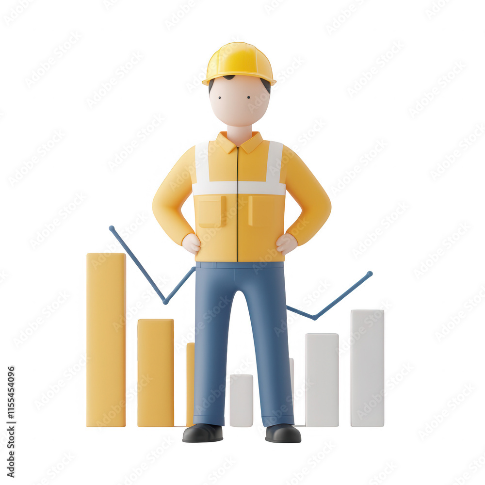 Poster 3d illustration of a worker with graphs representing growth and progress in industry., isolated on a