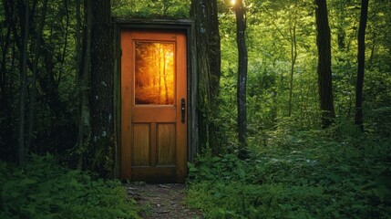 A mysterious wooden door set within the trees of a lush forest, glowing warmly from within.