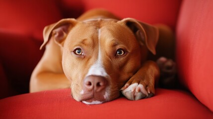 Adorable Terrier Relaxing on Vibrant Red Couch with Playful Expression Captures Cozy Home Ambiance : Generative AI