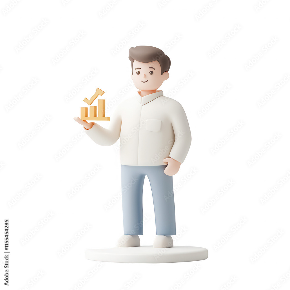 Poster a 3d character holding a growth chart symbolizing business success and progress., isolated on a tran