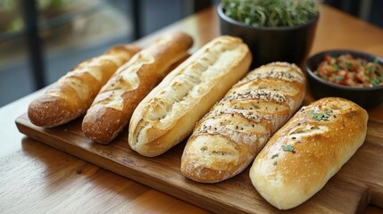 A selection of breads like baguettes, ciabatta, and rolls on a wooden table.