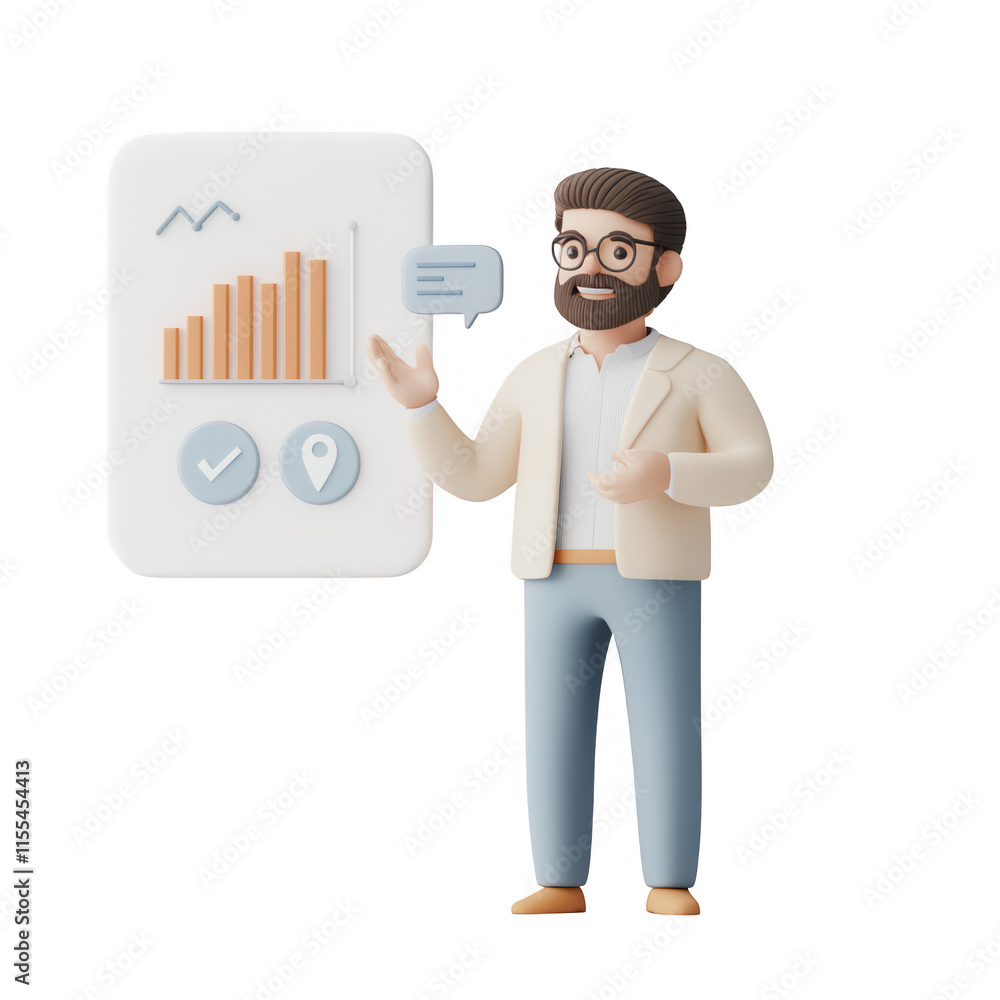 Poster a 3d character presenting growth statistics with charts and speech bubble., isolated on a transparen