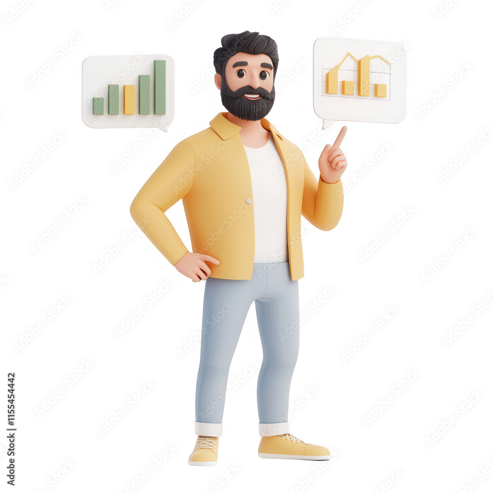 Poster a 3d character representing business growth and analytics with graphs., isolated on a transparent ba