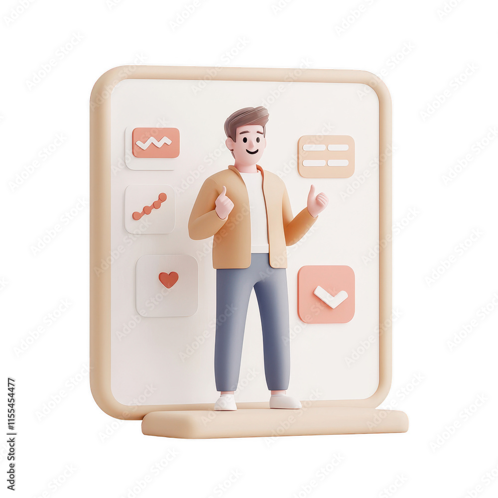 Aufkleber a 3d character showcasing analytics and growth in a modern workspace., isolated on a transparent bac