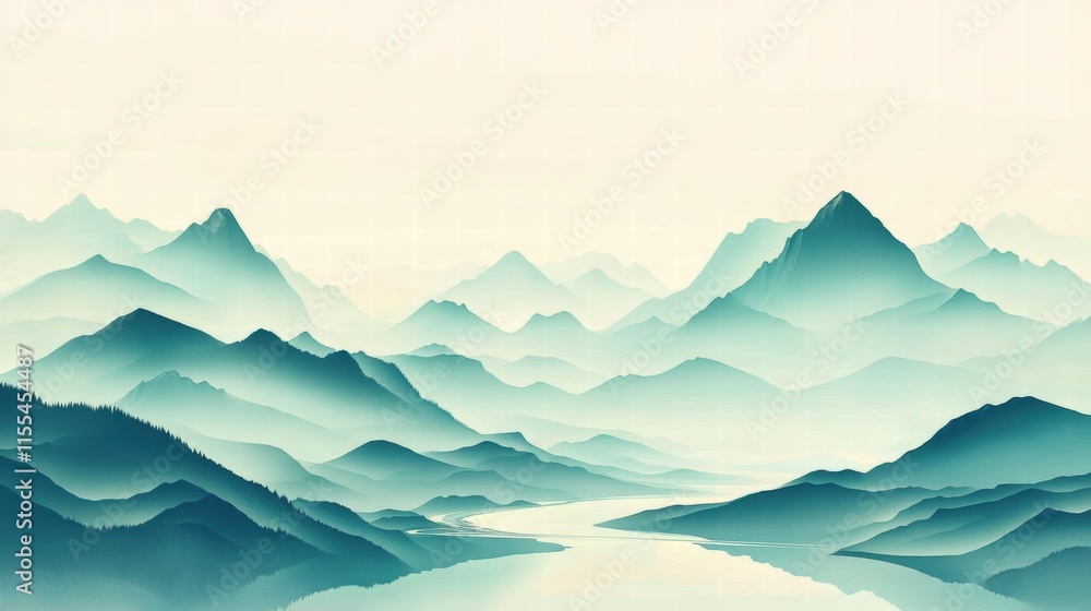 Fototapete majestic mountain range with a winding river creating a serene landscape in a minimalist style. gene