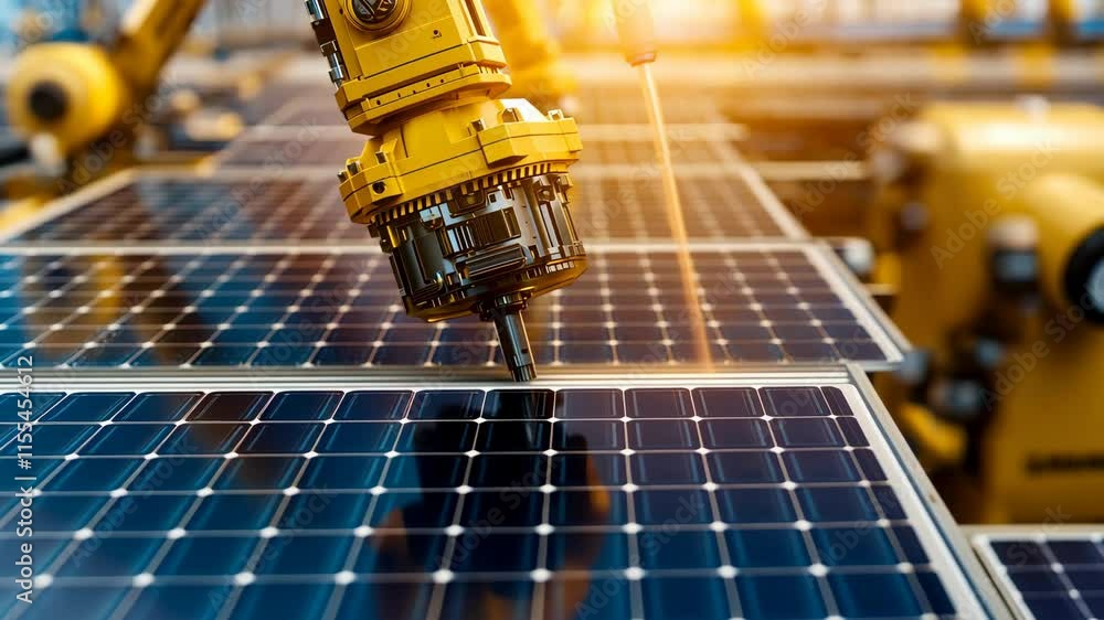 Poster advanced robotic arm interacting with solar panels in a high-tech environment