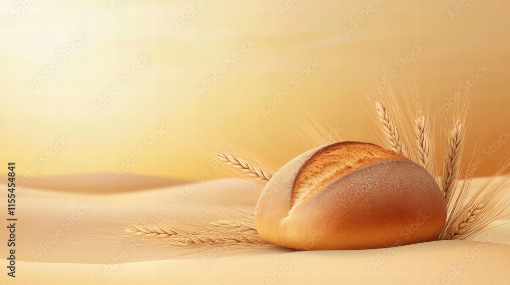 Aufkleber Minimalist bread loaf with wheat grains on a sandy surface for creative mockup and text placement. Generative AI