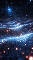 Obraz premium Abstract digital landscape with glowing particles representing data and technology.