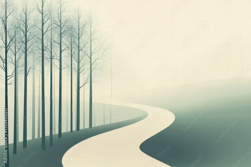 Poster minimalist forest path winding through misty trees invites peaceful contemplation and inspiration fo