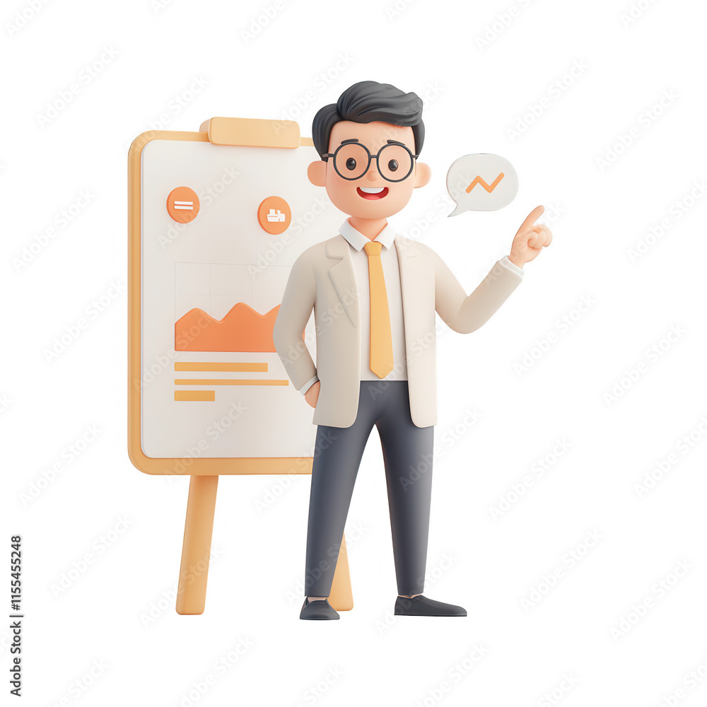 Poster a cheerful businessman presenting data insights with a chart and a positive gesture., isolated on a 