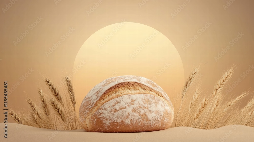 Leinwandbilder Minimalist bread loaf with wheat grains in a serene setting with gentle light and ample space for creative text placement. Generative AI