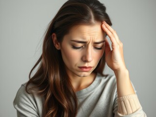 Fototapeta premium A woman with her hand on her forehead, looking sad