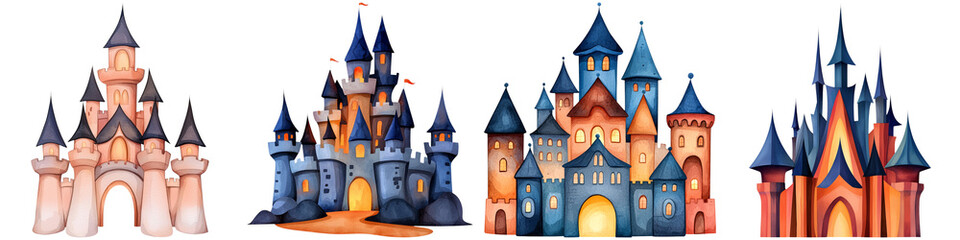 Obraz premium Fairy and myth sparkle, A colorful collection of whimsical castles featuring tall spires and intricate architectural details.