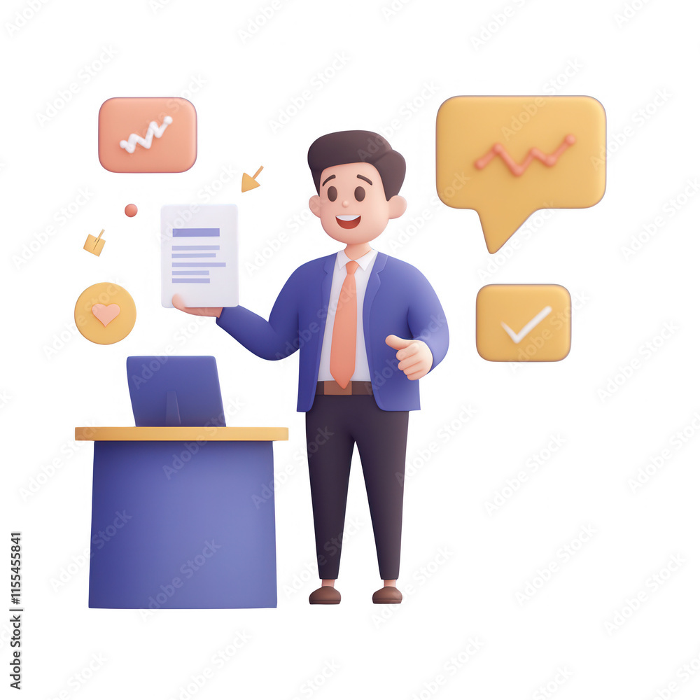 Poster a cheerful man presenting a report with graphic elements illustrating success., isolated on a transp