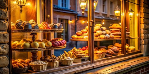 Cozy French Bakery Night Window Display - Eye Level View,  Warm Lighting, Delicious Pastries, Parisian Charm, Night Photography