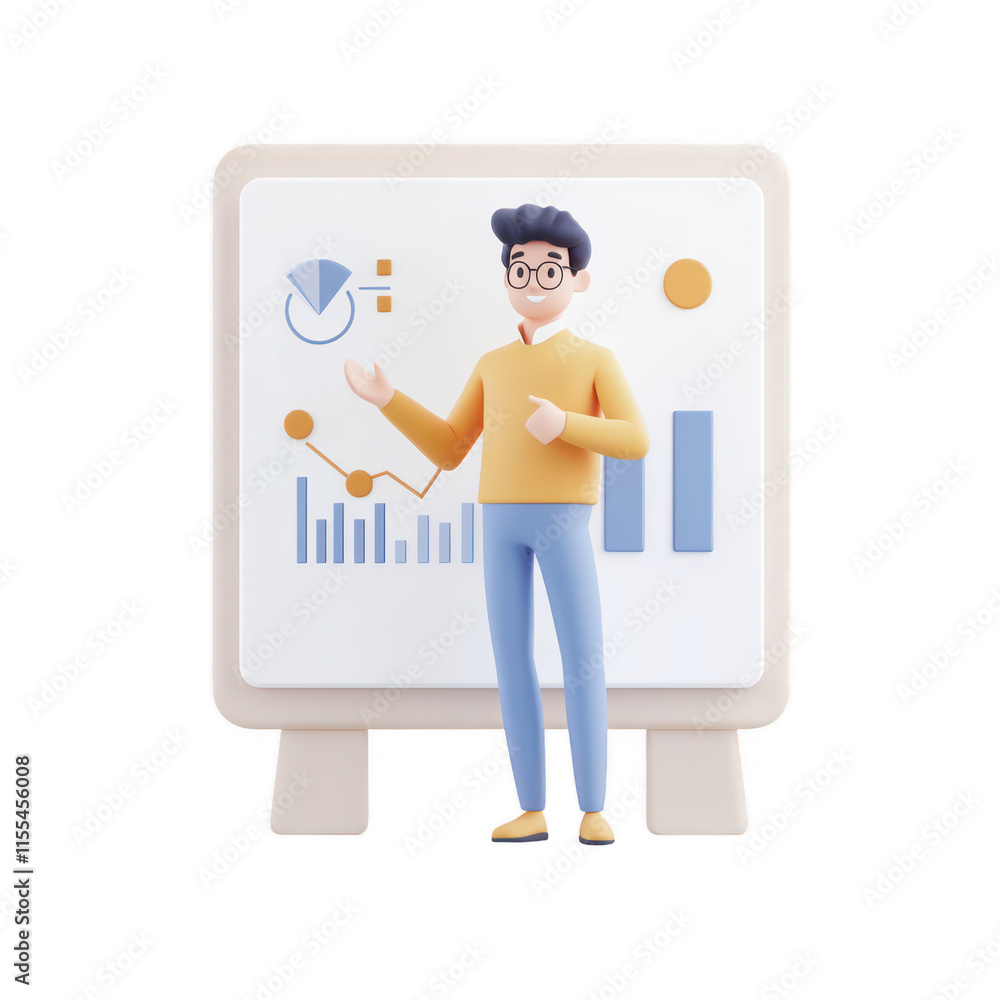 Poster a cheerful presenter showcasing data insights on a digital screen., isolated on a transparent backgr