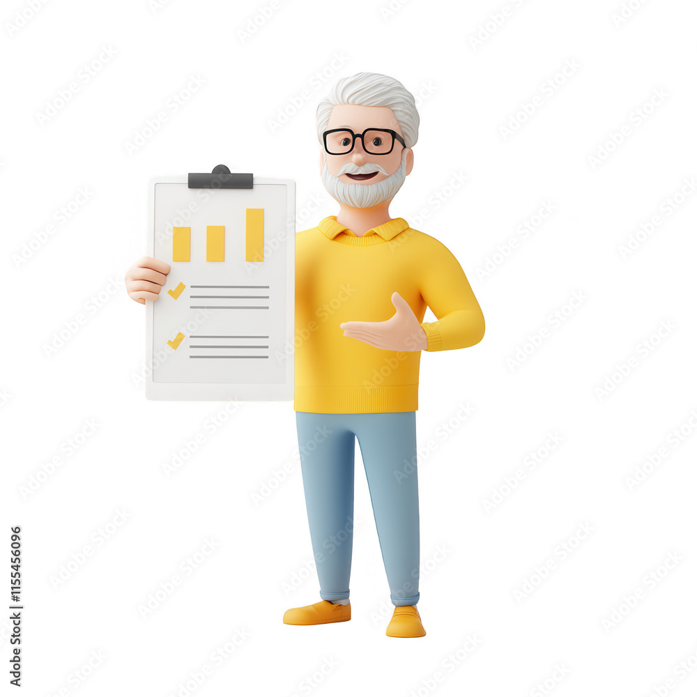 Poster A cheerful senior man presenting a report with graphs and checklists., isolated on a transparent background.