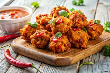 Crispy Chicken Pakora with Sweet Chili Dip - Close-Up Food Photography