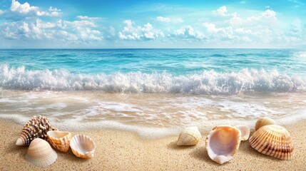 A peaceful beachside with seashells scattered on the sand.