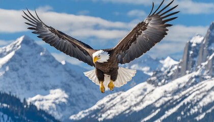 Obraz premium Majestic Bald Eagle Soaring Above Snow-Capped Mountains in a Crisp Blue Sky