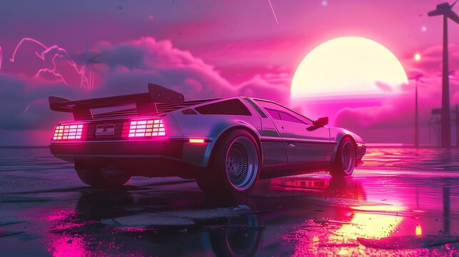A futuristic sports car in a retro-futuristic setting with a pink and blue color scheme.