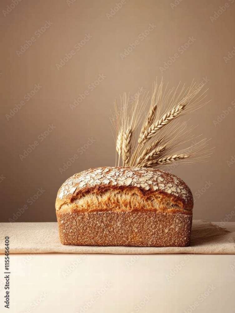 Aufkleber minimalist bread loaf with wheat grains on wooden surface ideal for text placement. generative ai