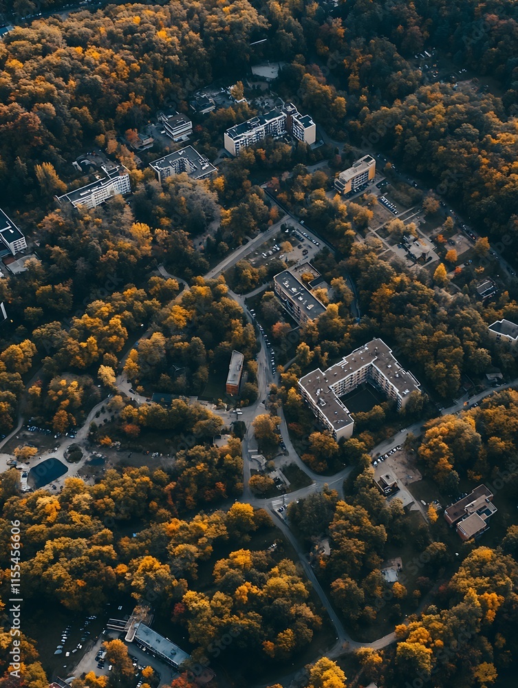 Poster drone capture of autumn in urban forested neighborhood : generative ai