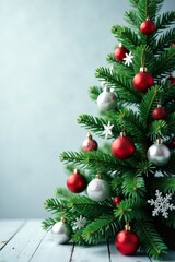 Fototapeta premium Christmas tree branches adorned with ornaments and birdhouse, Evergreen, Birdhouse, Snowflakes